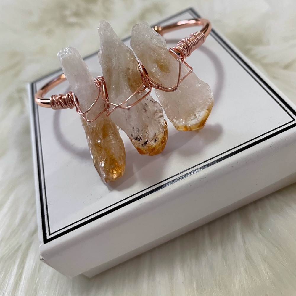 White Quartz & Tiger's Eye Rose Gold 3 Stone Bangle Bracelet